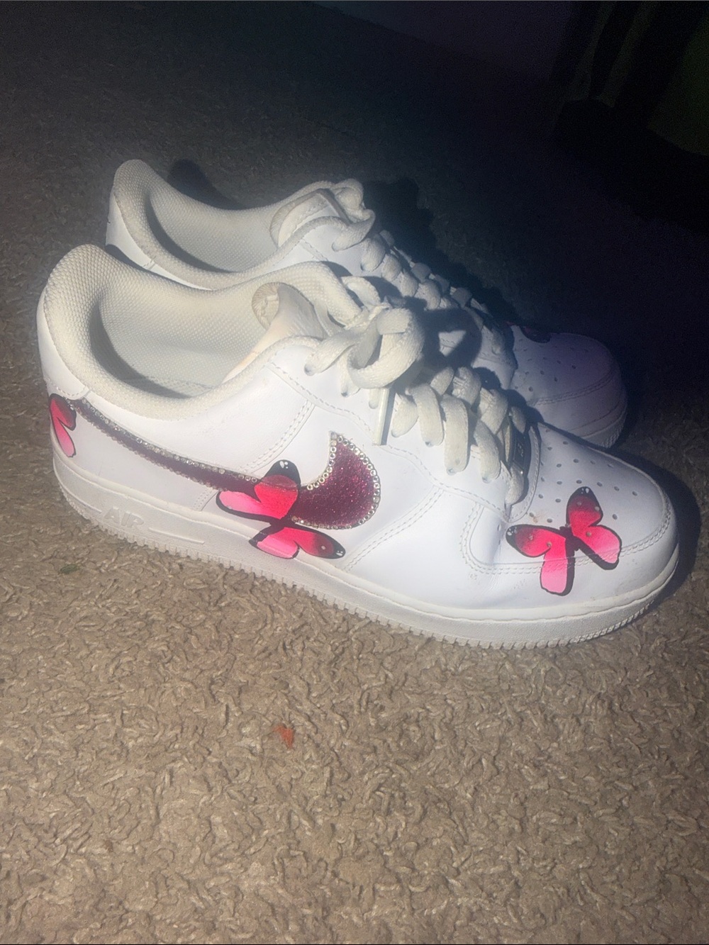 Nike White Sneakers with Pink Butterfly Accents